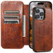 Brown leather phone case with card slots and embossed design, featuring a phone with a scenic background.