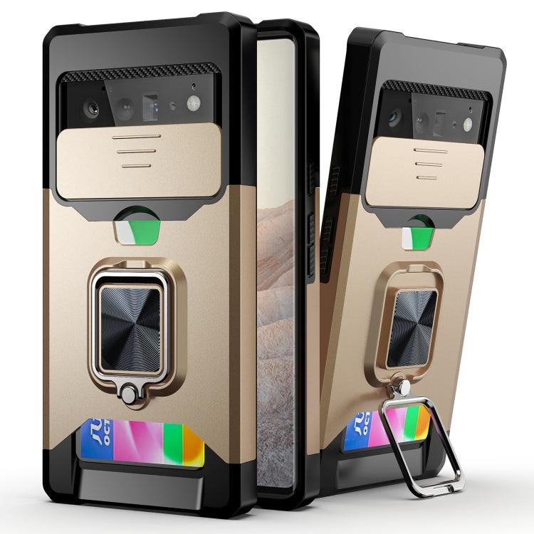 For Google Pixel 6 Sliding Camera Cover Design PC + TPU Shockproof Case with Ring Holder & Card Slot(Gold) - Mobile Gadget HQ