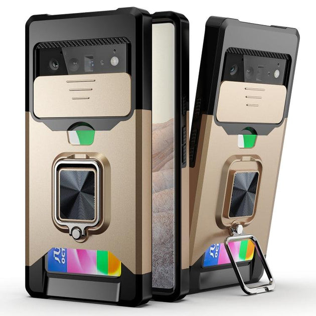 For Google Pixel 6 Sliding Camera Cover Design PC + TPU Shockproof Case with Ring Holder & Card Slot(Gold) - Mobile Gadget HQ