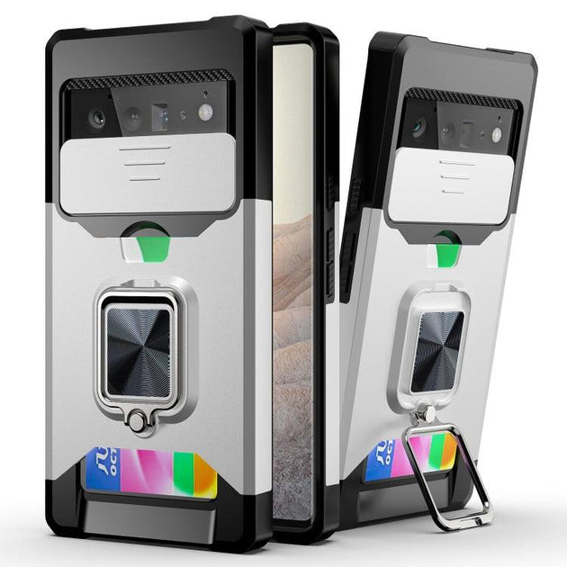 For Google Pixel 6 Sliding Camera Cover Design PC + TPU Shockproof Case with Ring Holder & Card Slot(Silver) - Mobile Gadget HQ