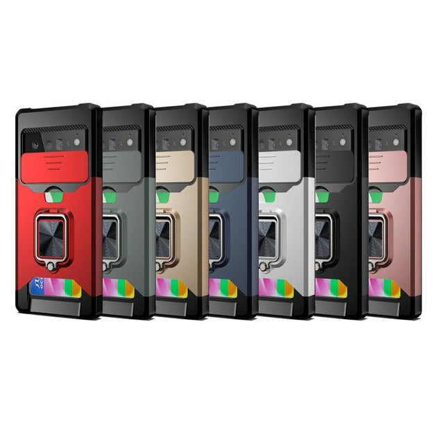 For Google Pixel 6 Sliding Camera Cover Design PC + TPU Shockproof Case with Ring Holder & Card Slot(Gold) - Mobile Gadget HQ