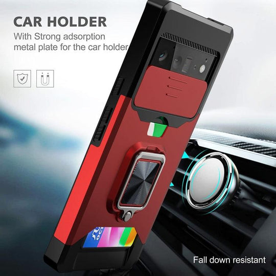 For Google Pixel 6 Sliding Camera Cover Design PC + TPU Shockproof Case with Ring Holder & Card Slot(Gold) - Mobile Gadget HQ
