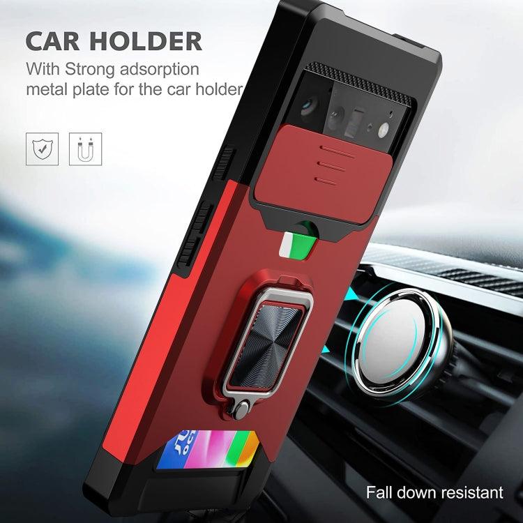 For Google Pixel 6 Sliding Camera Cover Design PC + TPU Shockproof Case with Ring Holder & Card Slot(Gold) - Mobile Gadget HQ