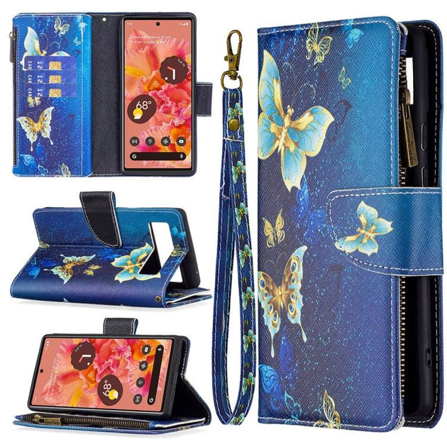 For Google Pixel 6 Colored Drawing Pattern Zipper Horizontal Flip Phone Leather Case with Holder & Card Slots & Wallet(Gold Butterfly) - Mobile Gadget HQ