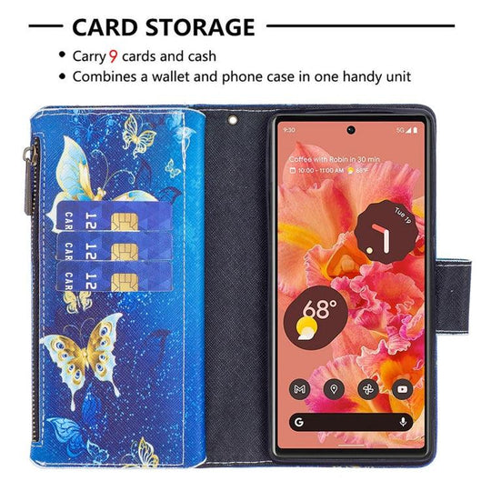 For Google Pixel 6 Colored Drawing Pattern Zipper Horizontal Flip Phone Leather Case with Holder & Card Slots & Wallet(Gold Butterfly) - Mobile Gadget HQ