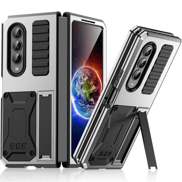 For Samsung Galaxy Z Fold4 Metal Shock-proof Phone Case With Holder(Silver) - Mobile Gadget HQ