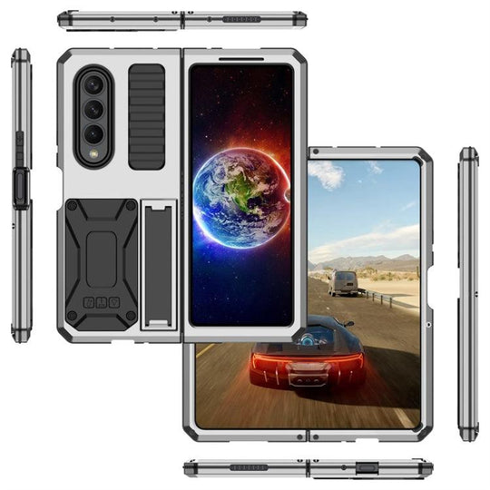 For Samsung Galaxy Z Fold4 Metal Shock-proof Phone Case With Holder(Silver) - Mobile Gadget HQ