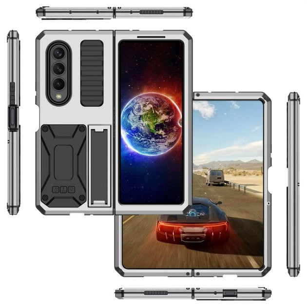 For Samsung Galaxy Z Fold4 Metal Shock-proof Phone Case With Holder(Silver) - Mobile Gadget HQ