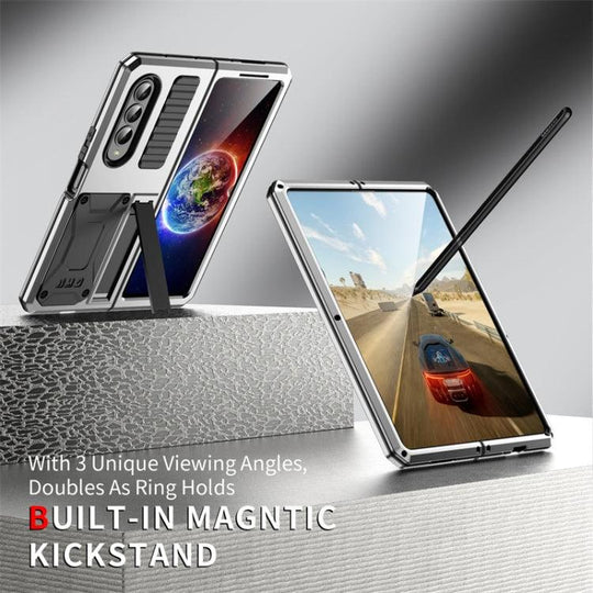 For Samsung Galaxy Z Fold4 Metal Shock-proof Phone Case With Holder(Silver) - Mobile Gadget HQ