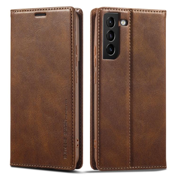 For Samsung Galaxy S21 5G LC.IMEEKE RFID Anti-theft Leather Phone Case(Brown) - Mobile Gadget HQ
