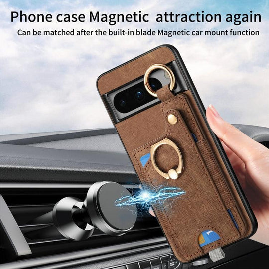 For Google Pixel 8 Pro Retro Skin-feel Ring Card Bag Phone Case with Hang Loop(Brown) - Mobile Gadget HQ