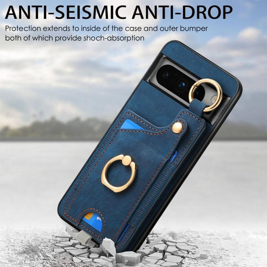 For Google Pixel 8 Pro Retro Skin-feel Ring Card Bag Phone Case with Hang Loop(Blue) - Mobile Gadget HQ