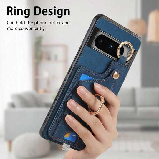 For Google Pixel 8 Pro Retro Skin-feel Ring Card Bag Phone Case with Hang Loop(Blue) - Mobile Gadget HQ
