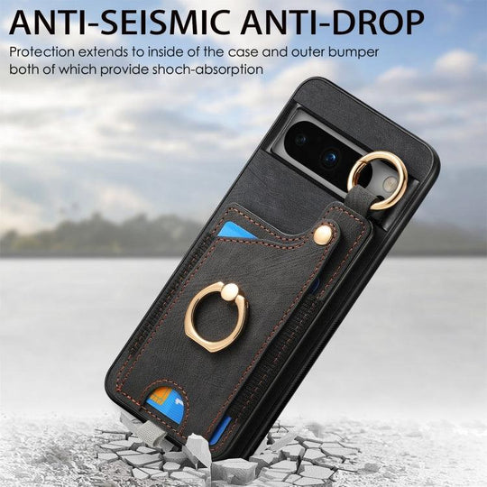 For Google Pixel 8 Pro Retro Skin-feel Ring Card Bag Phone Case with Hang Loop(Black) - Mobile Gadget HQ