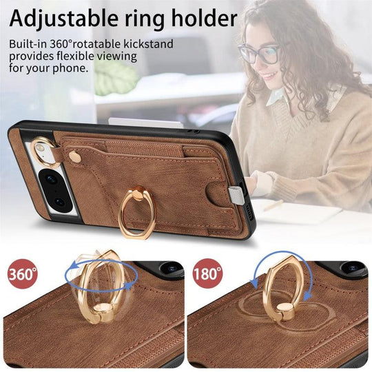 For Google Pixel 8 Retro Skin-feel Ring Card Bag Phone Case with Hang Loop(Brown) - Mobile Gadget HQ