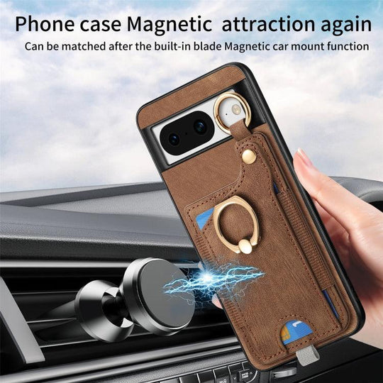 For Google Pixel 8 Retro Skin-feel Ring Card Bag Phone Case with Hang Loop(Brown) - Mobile Gadget HQ