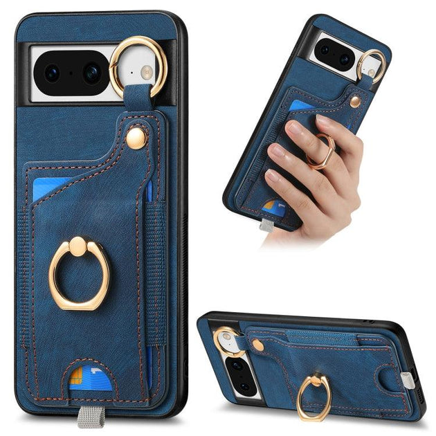 For Google Pixel 8 Retro Skin-feel Ring Card Bag Phone Case with Hang Loop(Blue) - Mobile Gadget HQ