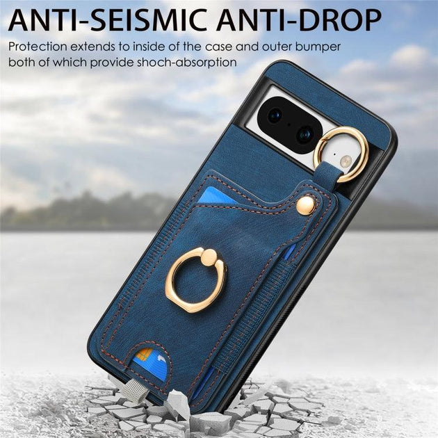 For Google Pixel 8 Retro Skin-feel Ring Card Bag Phone Case with Hang Loop(Blue) - Mobile Gadget HQ