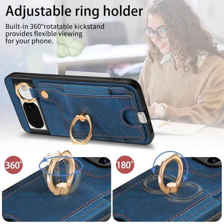 For Google Pixel 8 Retro Skin-feel Ring Card Bag Phone Case with Hang Loop(Blue) - Mobile Gadget HQ