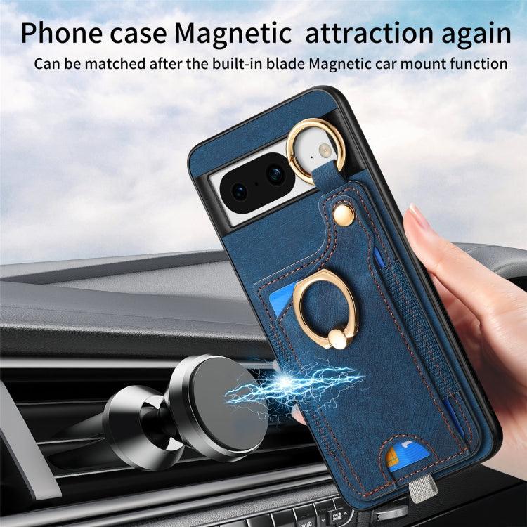 For Google Pixel 8 Retro Skin-feel Ring Card Bag Phone Case with Hang Loop(Blue) - Mobile Gadget HQ