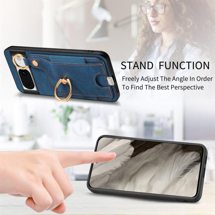 For Google Pixel 8 Retro Skin-feel Ring Card Bag Phone Case with Hang Loop(Blue) - Mobile Gadget HQ