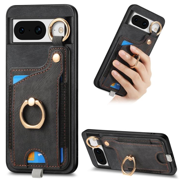 For Google Pixel 8 Retro Skin-feel Ring Card Bag Phone Case with Hang Loop(Black) - Mobile Gadget HQ