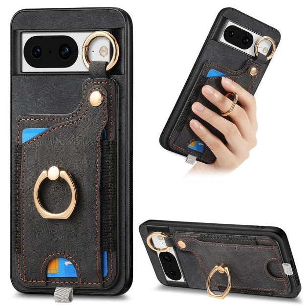 For Google Pixel 8 Retro Skin-feel Ring Card Bag Phone Case with Hang Loop(Black) - Mobile Gadget HQ