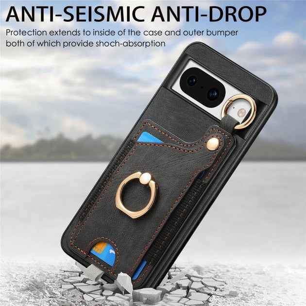 For Google Pixel 8 Retro Skin-feel Ring Card Bag Phone Case with Hang Loop(Black) - Mobile Gadget HQ