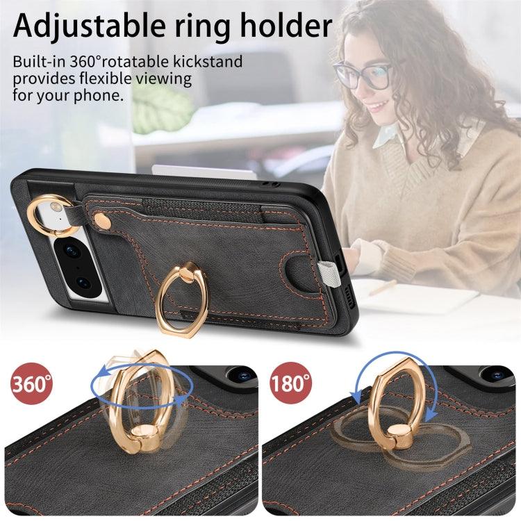 For Google Pixel 8 Retro Skin-feel Ring Card Bag Phone Case with Hang Loop(Black) - Mobile Gadget HQ